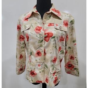 Nabi White Cream Coral Green Floral Button Up Jacket Faux Pockets Size Large